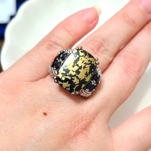 Vintage Sterling Silver 925 Black Goldenite Jade Cocktail Statement Ring - Picture 5 of 13